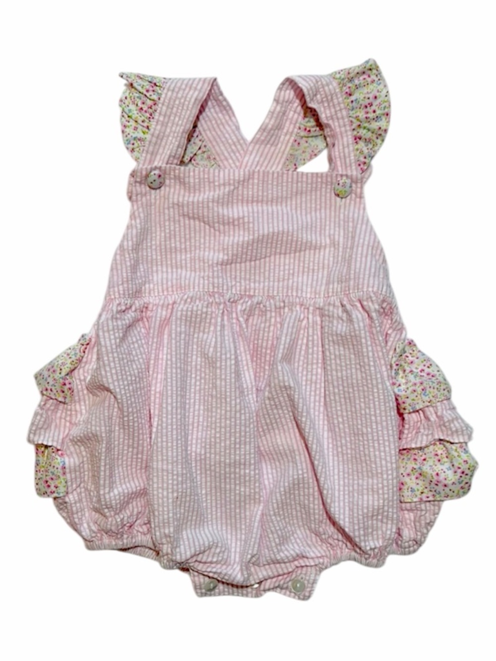 EUC Claire & Charlie Pink Stripe seersucker & floral bubble with ruffle butt 18m
